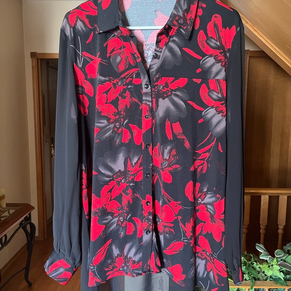 Floral Button-Up Blouse - Red and Black